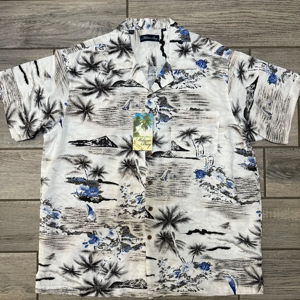 Milano Bay NWT white hawaiian men xl short sleeve button up shirt - Picture 2 of 4